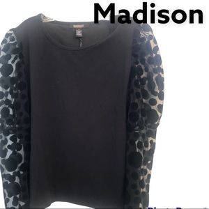 Madison Flocked Dot Mesh Bishop Sleeve Pullover Black Top L